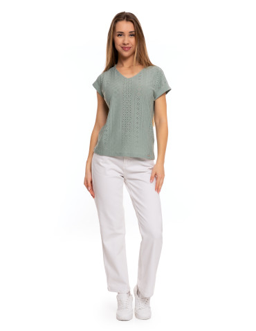 Bluzki z krótkim rękawem - Bluzka damska ażurowa z ozdobnym wycięciem na plecach ZIELONY - produkt 7