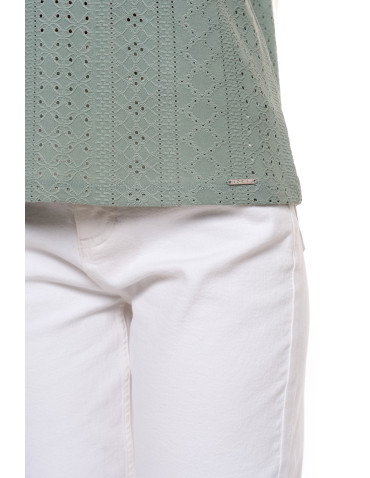 Bluzki z krótkim rękawem - Bluzka damska ażurowa z ozdobnym wycięciem na plecach ZIELONY - produkt 3