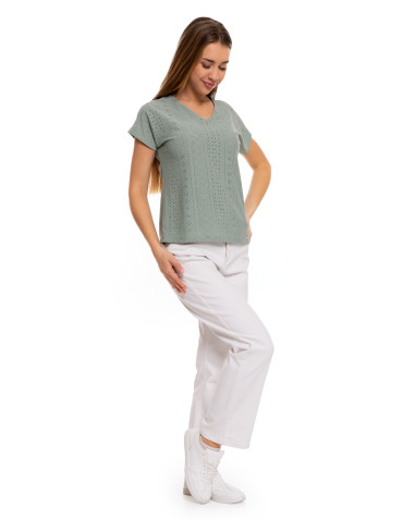 Bluzki z krótkim rękawem - Bluzka damska ażurowa z ozdobnym wycięciem na plecach ZIELONY - produkt 4