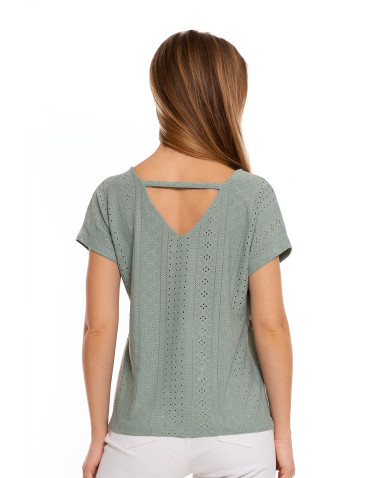Bluzki z krótkim rękawem - Bluzka damska ażurowa z ozdobnym wycięciem na plecach ZIELONY - produkt 2