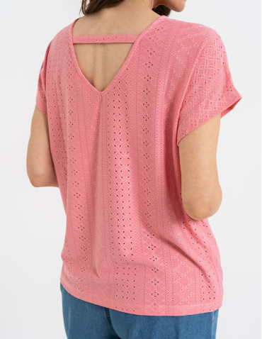 Bluzki z krótkim rękawem - Bluzka damska ażurowa z ozdobnym wycięciem na plecach RÓŻOWY - produkt 5
