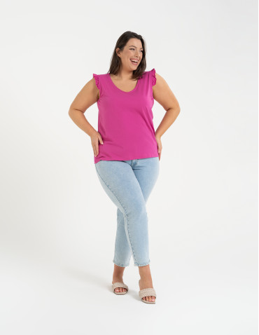 Koszulki z krótkim rękawem - Koszulka damska bawełniana z falbanką FUKSJA - produkt 13