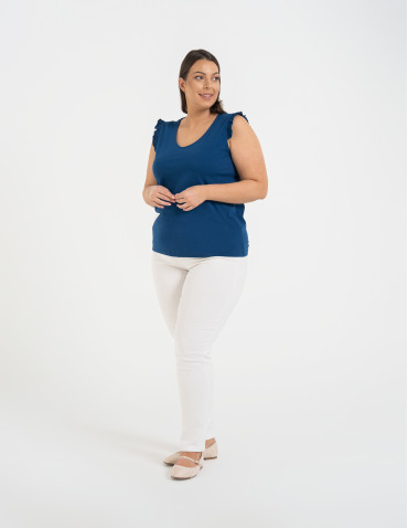 Koszulki z krótkim rękawem - Koszulka damska bawełniana z falbanką NIEBIESKI - produkt 4