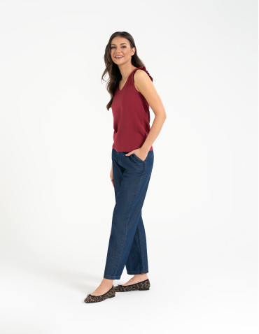 Koszulki z krótkim rękawem - Koszulka damska bawełniana z falbanką BORDOWY - produkt 5