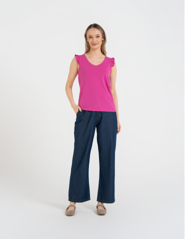 Koszulki z krótkim rękawem - Koszulka damska bawełniana z falbanką FUKSJA - produkt 5