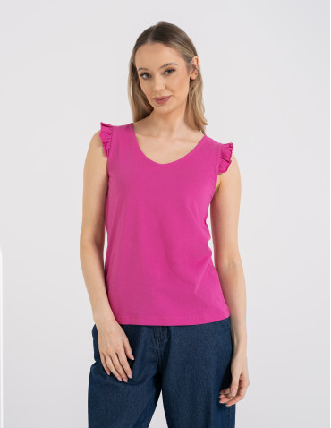 Koszulki z krótkim rękawem - Koszulka damska bawełniana z falbanką FUKSJA - produkt 1