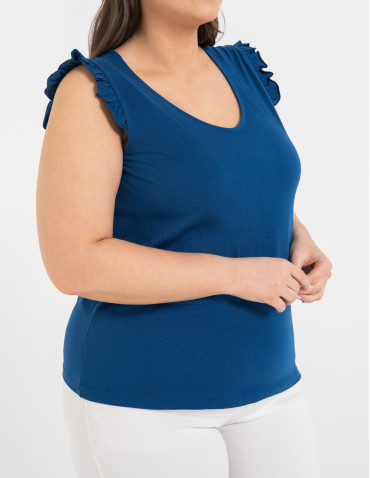 Koszulki z krótkim rękawem - Koszulka damska bawełniana z falbanką NIEBIESKI - produkt 2