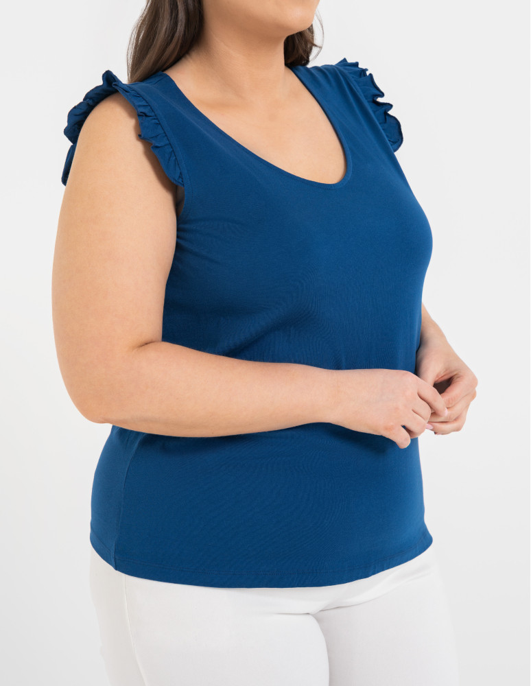 Koszulki z krótkim rękawem - Koszulka damska bawełniana z falbanką NIEBIESKI  - produkt moraj.pl 2