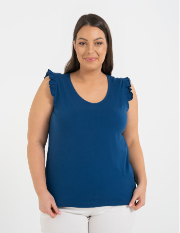 Koszulki z krótkim rękawem - Koszulka damska bawełniana z falbanką NIEBIESKI - produkt 1