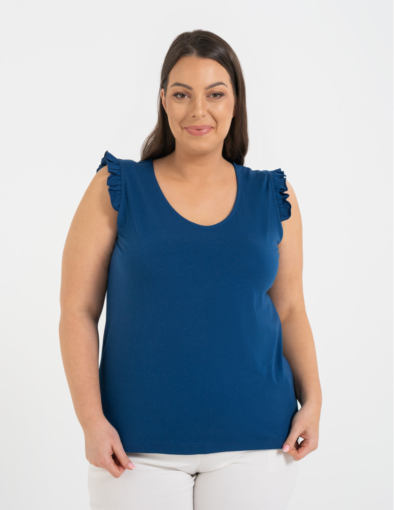 Koszulki z krótkim rękawem - Koszulka damska bawełniana z falbanką NIEBIESKI - produkt moraj.pl 1