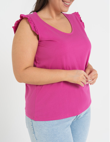 Koszulki z krótkim rękawem - Koszulka damska bawełniana z falbanką FUKSJA - produkt 9