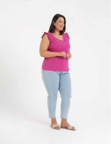 Koszulki z krótkim rękawem - Koszulka damska bawełniana z falbanką FUKSJA - produkt 11