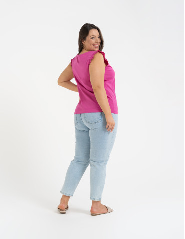 Koszulki z krótkim rękawem - Koszulka damska bawełniana z falbanką FUKSJA - produkt 12