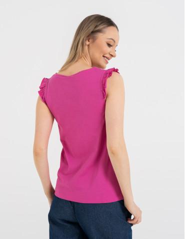 Koszulki z krótkim rękawem - Koszulka damska bawełniana z falbanką FUKSJA - produkt 7