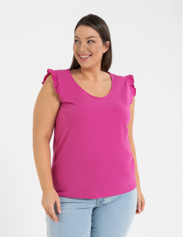 Koszulki z krótkim rękawem - Koszulka damska bawełniana z falbanką FUKSJA - produkt 8