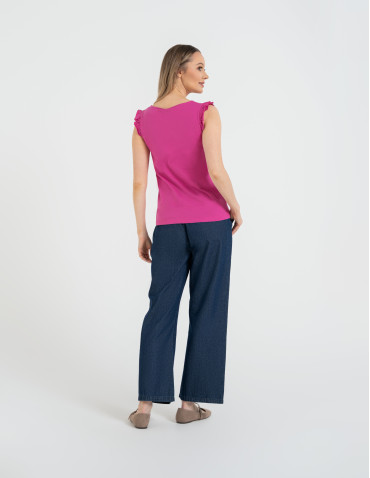 Koszulki z krótkim rękawem - Koszulka damska bawełniana z falbanką FUKSJA - produkt 6