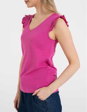 Koszulki z krótkim rękawem - Koszulka damska bawełniana z falbanką FUKSJA - produkt 4