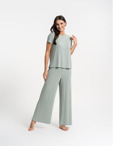 Piżamy z krótkim rękawem - Piżama damska dwuczęściowa z szerokimi spodniami JASNY ZIELONY - produkt 2
