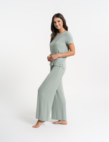 Piżamy z krótkim rękawem - Piżama damska dwuczęściowa z szerokimi spodniami JASNY ZIELONY - produkt 7