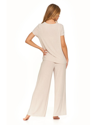 Piżamy z krótkim rękawem - Piżama damska dwuczęściowa z szerokimi spodniami BEŻOWY - produkt 4