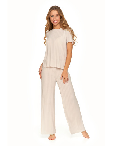 Piżamy z krótkim rękawem - Piżama damska dwuczęściowa z szerokimi spodniami BEŻOWY - produkt 5