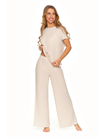 Piżamy z krótkim rękawem - Piżama damska dwuczęściowa z szerokimi spodniami BEŻOWY - produkt 6