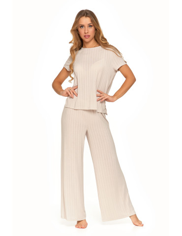 Piżamy z krótkim rękawem - Piżama damska dwuczęściowa z szerokimi spodniami BEŻOWY - produkt 7