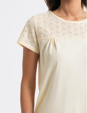 Piżama damska 3/4 bawełniana z haftem angielskim - ŻÓŁTY  - produkt 2