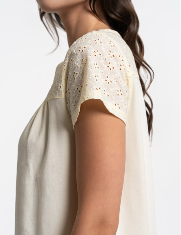 Piżamy z krótkim rękawem - Piżama damska 3/4 bawełniana z haftem angielskim ŻÓŁTY - produkt 4