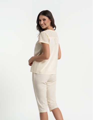 Piżamy z krótkim rękawem - Piżama damska 3/4 bawełniana z haftem angielskim ŻÓŁTY - produkt 5