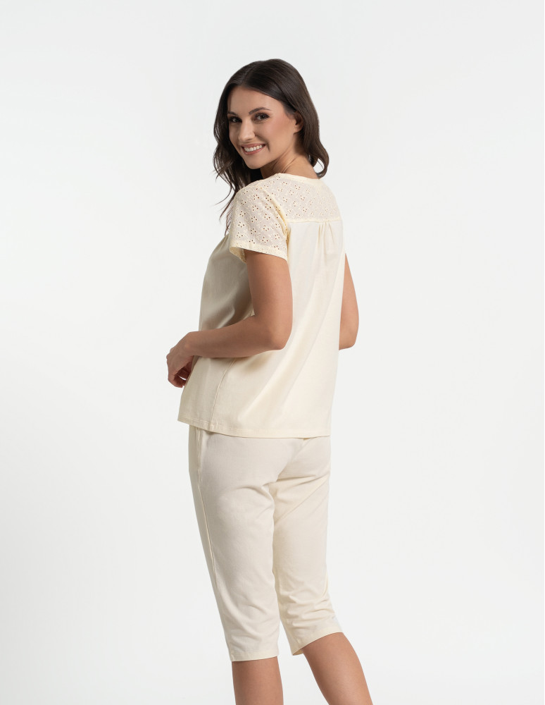 Piżamy z krótkim rękawem - Piżama damska 3/4 bawełniana z haftem angielskim ŻÓŁTY  - produkt moraj.pl 5