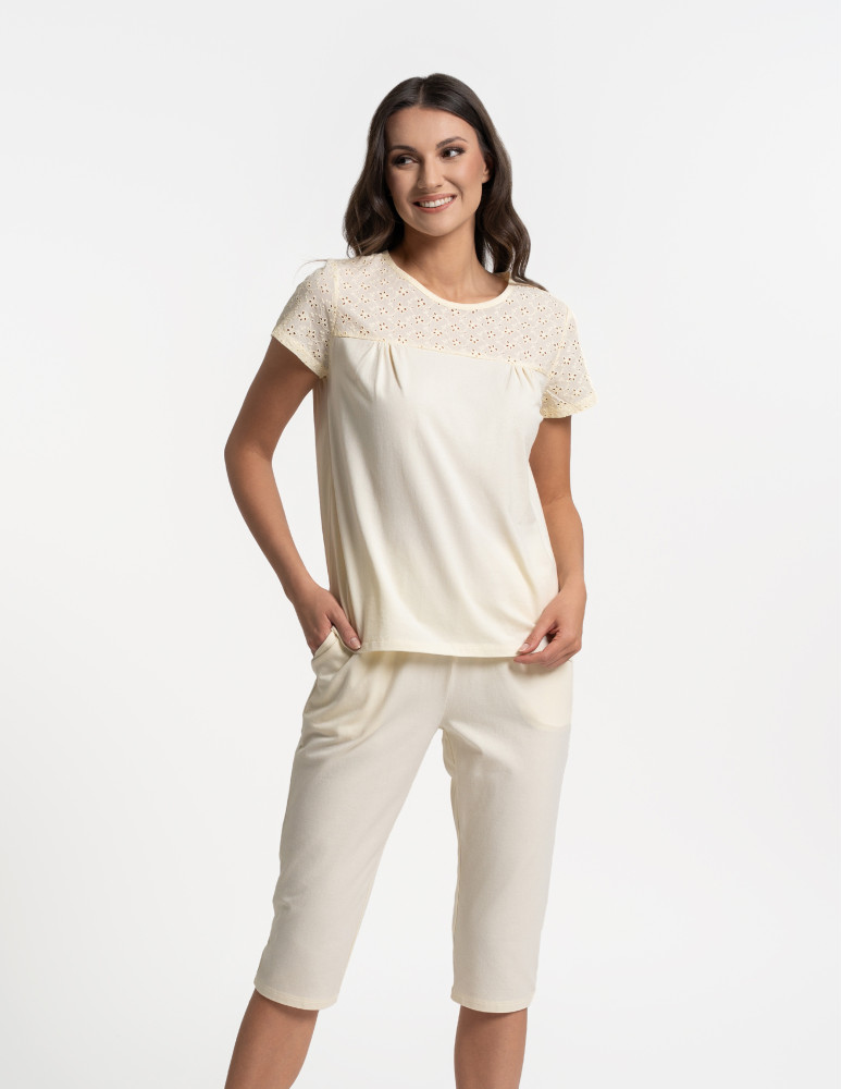 Piżamy z krótkim rękawem - Piżama damska 3/4 bawełniana z haftem angielskim ŻÓŁTY - produkt moraj.pl 1