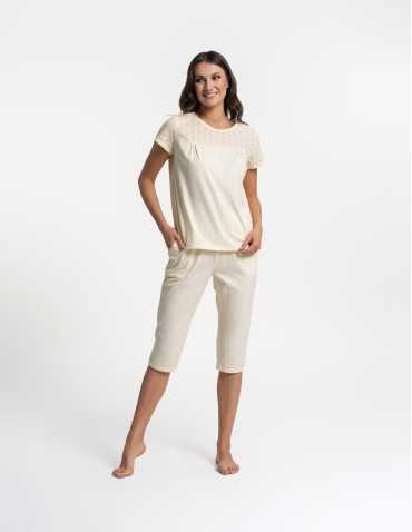 Piżamy z krótkim rękawem - Piżama damska 3/4 bawełniana z haftem angielskim ŻÓŁTY - produkt 7