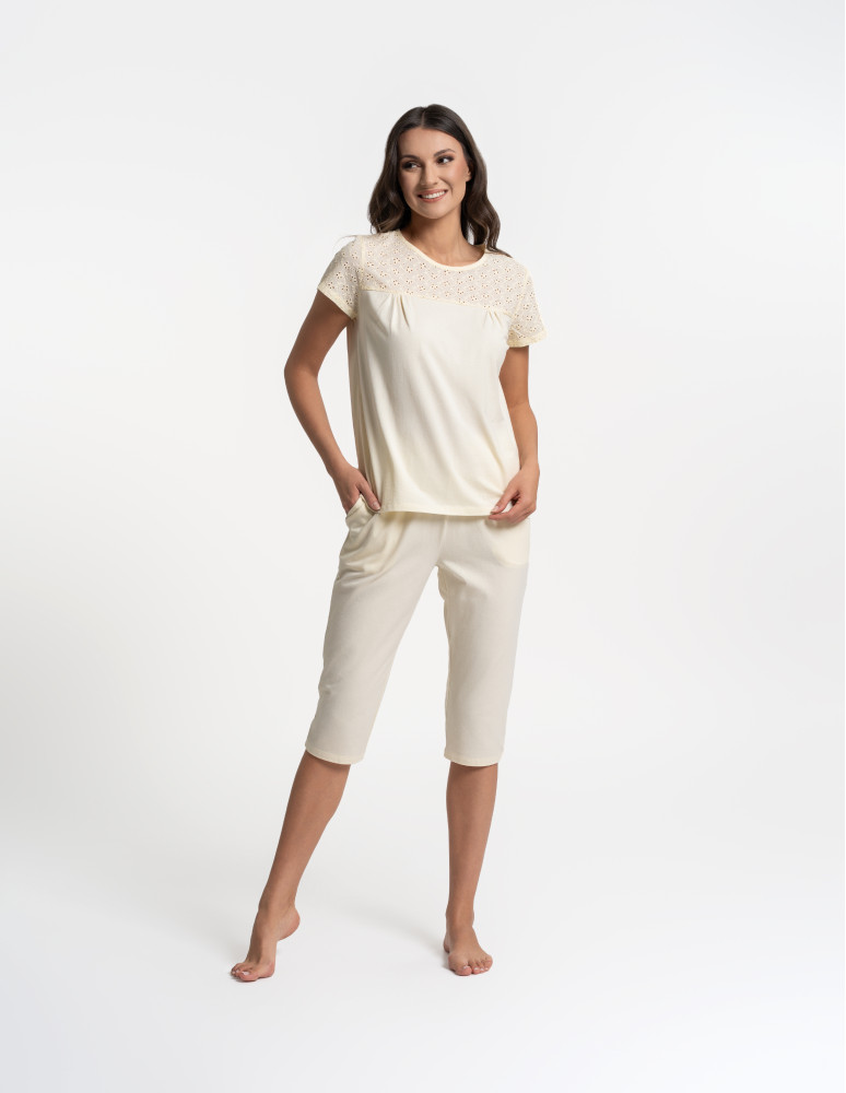 Piżamy z krótkim rękawem - Piżama damska 3/4 bawełniana z haftem angielskim ŻÓŁTY  - produkt moraj.pl 7