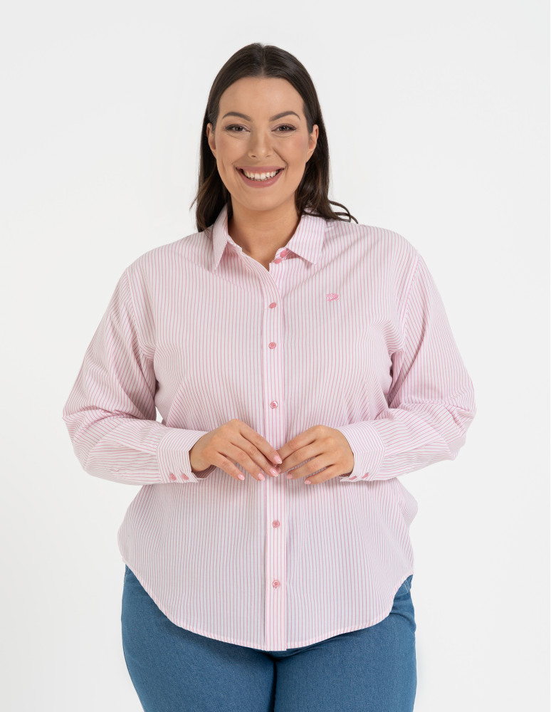 Koszule - Klasyczna koszula damska bawełniana w paski RÓŻOWY - produkt moraj.pl 1