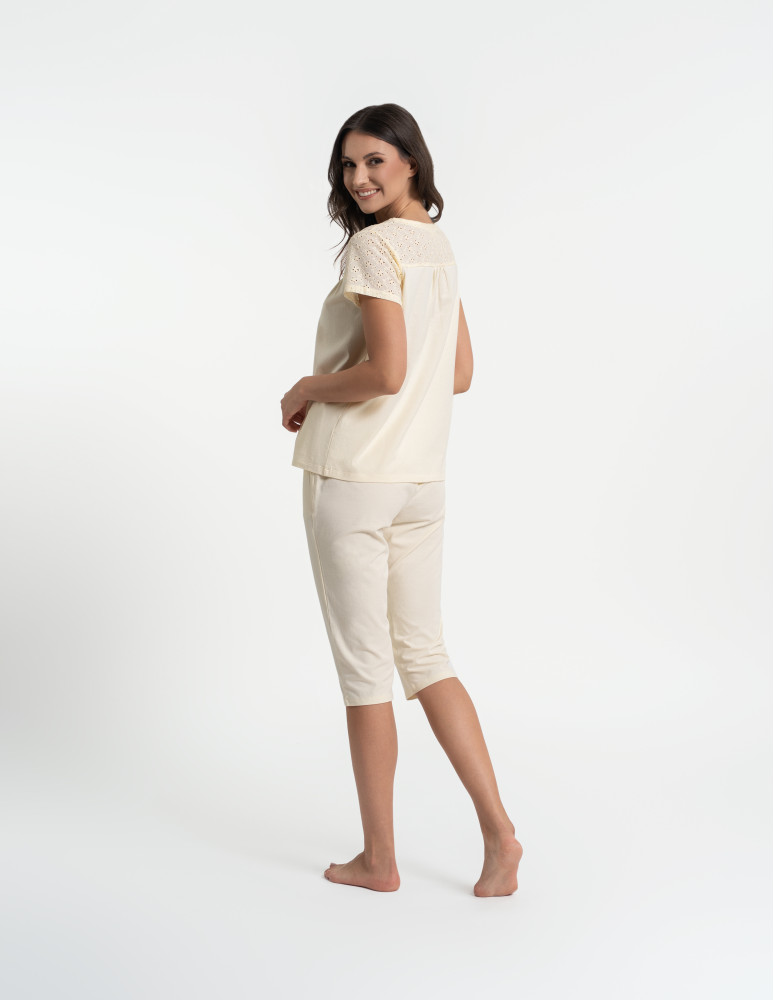 Piżamy z krótkim rękawem - Piżama damska 3/4 bawełniana z haftem angielskim ŻÓŁTY  - produkt moraj.pl 10