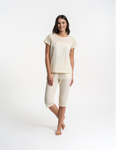 Piżamy z krótkim rękawem - Piżama damska 3/4 bawełniana z haftem angielskim ŻÓŁTY - produkt 9