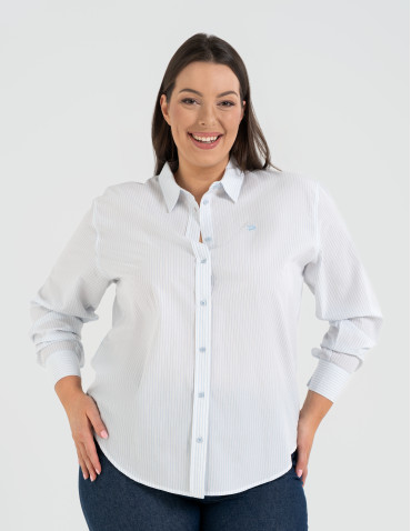 Klasyczna koszula damska bawełniana w paski - NIEBIESKI