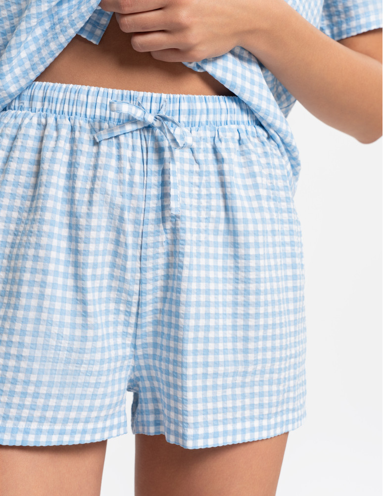 Piżamy z krótkim rękawem - Piżama damska w kratkę z wiązaniem NIEBIESKI - produkt moraj.pl 10