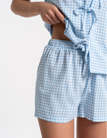 Piżamy z krótkim rękawem - Piżama damska w kratkę z wiązaniem NIEBIESKI - produkt 11