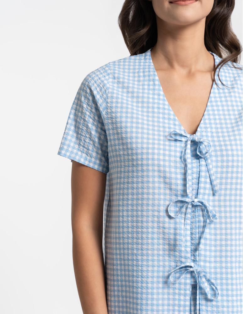 Piżamy z krótkim rękawem - Piżama damska w kratkę z wiązaniem NIEBIESKI - produkt moraj.pl 12