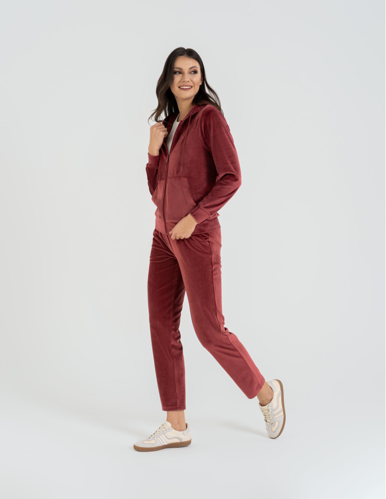 Bluzy dresowe - Bluza damska welurowa rozpinana z kapturem i kieszeniami BORDOWY - produkt moraj.pl 3