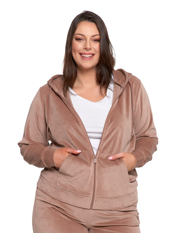 Bluzy dresowe - Bluza damska welurowa rozpinana z kapturem i kieszeniami MOKKA - produkt 2