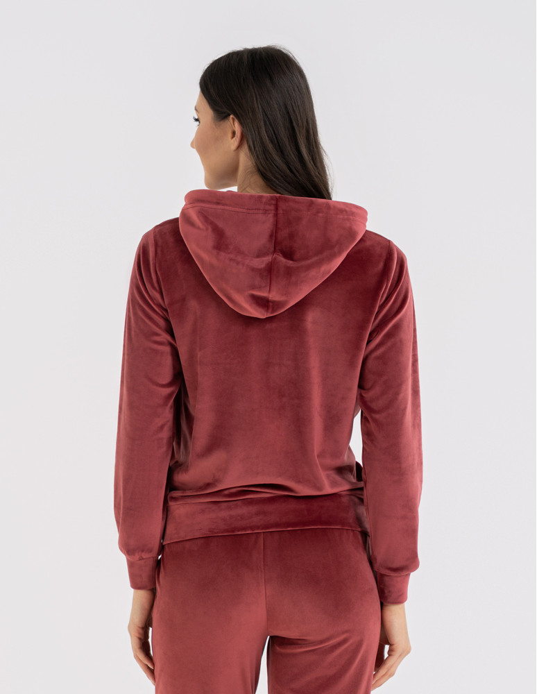 Bluzy dresowe - Bluza damska welurowa rozpinana z kapturem i kieszeniami BORDOWY - produkt moraj.pl 2