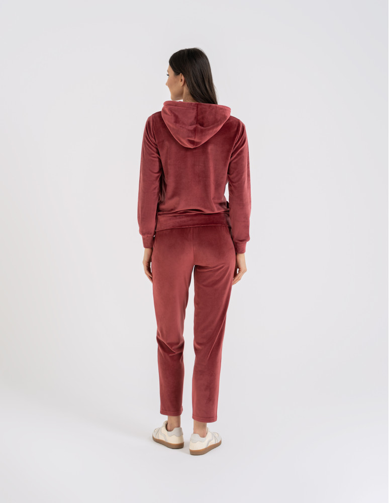 Bluzy dresowe - Bluza damska welurowa rozpinana z kapturem i kieszeniami BORDOWY - produkt moraj.pl 5