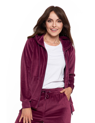 Bluzy dresowe - Bluza damska welurowa rozpinana z kapturem i kieszeniami FIOLETOWY - produkt 7