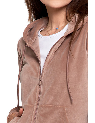 Bluzy dresowe - Bluza damska welurowa rozpinana z kapturem i kieszeniami MOKKA - produkt 3