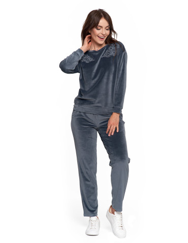 Bluza damska welurowa bez kaptura z haftem - GRAFITOWY