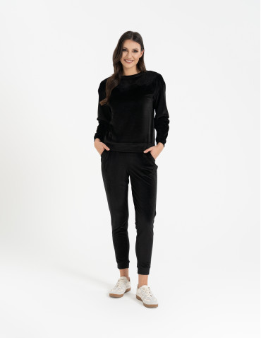 Bluzy damskie - Bluza damska welurowa bez kaptura z haftem CZARNY - produkt 1