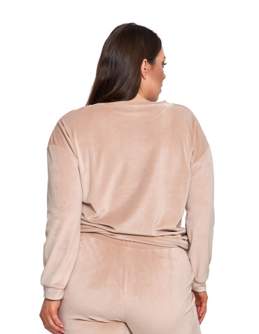 Bluzy damskie - Bluza damska welurowa bez kaptura z haftem BEŻOWY - produkt 5